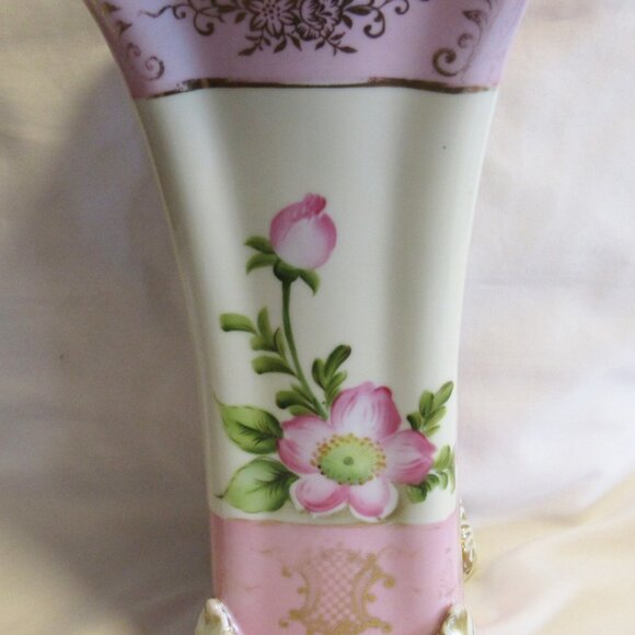 Vintage Noritake Wreath M Mark 4 Toed Vase Hand Painted Floral Pink & Gold J489 - Picture 8 of 10